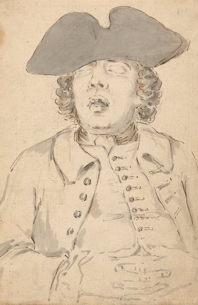 口を大きく開けて手を組んで眠る男性 作： Louis Philippe Boitard