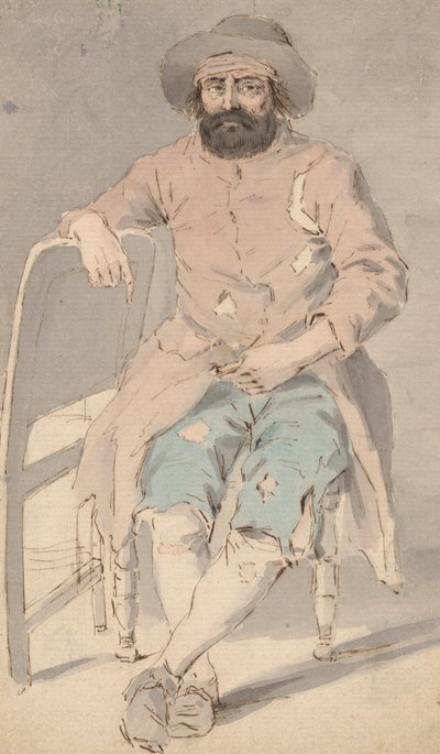 ぼろぼろの服を着た男性が右腕を別の椅子に置いて座っている 作： Louis Philippe Boitard