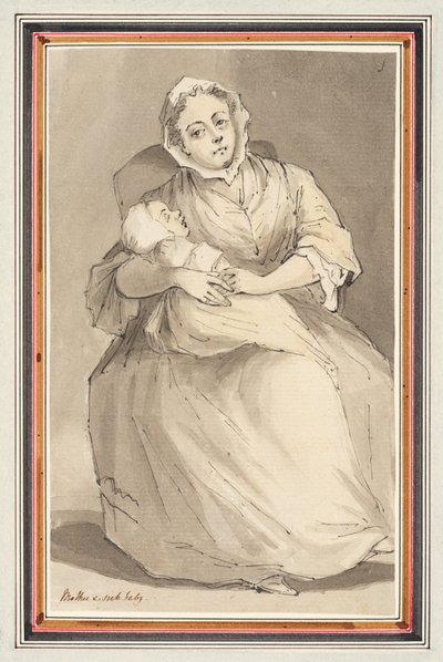 座る女性と子供 （紙に鉛筆、ペン・インク、水彩） 作： Louis Philippe Boitard