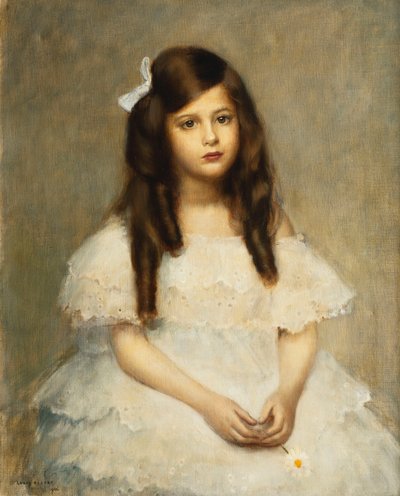 座っている3クォーターの長さの少女の肖像画 作： Louis Picard