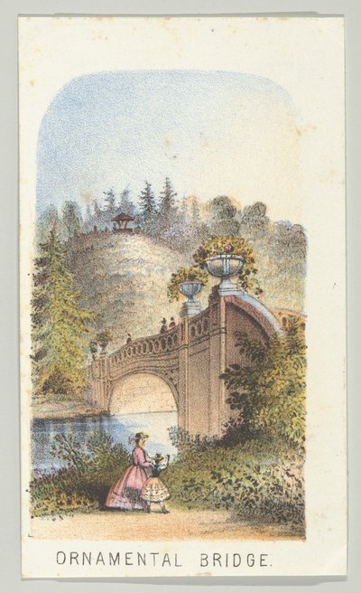 装飾的な橋、シリーズ「ニューヨーク、セントラル・パークの景観、パート2」より、1864年。 作： Louis Prang