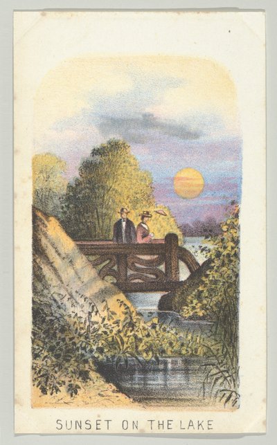 湖上の夕日」（『ニューヨーク・セントラルパークの風景』シリーズより、第2部、1864年）。 作： Louis Prang