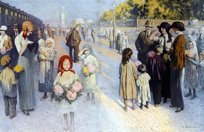 ロシアのシベリア鉄道の駅（20世紀初頭）。サバティエの絵 作： Louis Remy Sabatier