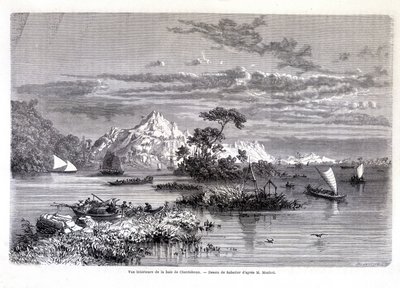 チャンタブーン湾の内景。1874.ムホト氏によると、サバティエが描いたもの。"Tour du monde" 作： Louis Remy Sabatier