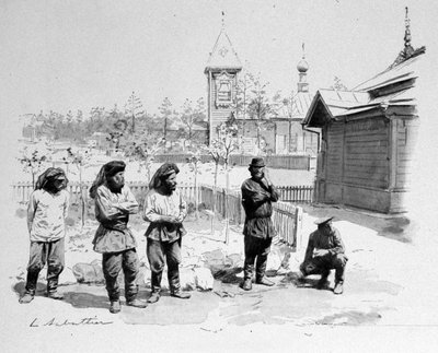 蚊帳をかぶったロシアの小さな村の農民と、シベリア鉄道の駅の様子。1913.イラスト：デ・サバティエ 作： Louis Remy Sabatier