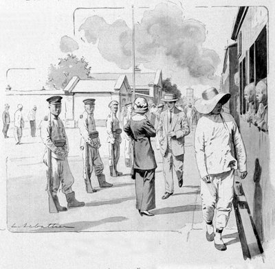 トランシベリア鉄道の停車駅での中国人車掌。1913.イラストはSabattierによるもの。 作： Louis Remy Sabattier