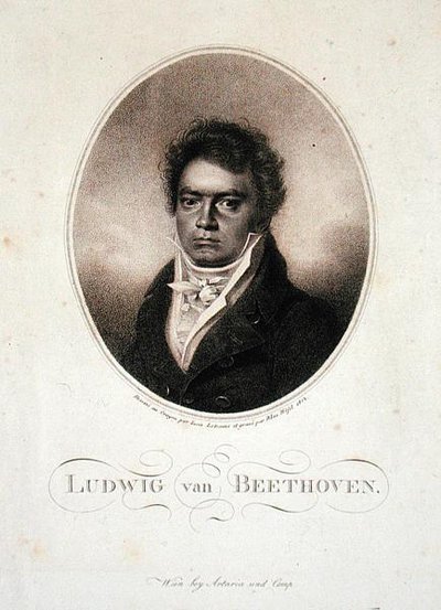ルートヴィヒ・ヴァン・ベートーヴェン（1770-1827）がブラジウス・ホーフェル（1792-1963）に彫られたもの 1814年（メゾチント）。 作： Louis Rene (after) Letronne