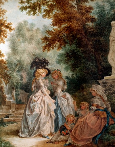 Walk in the park エレガントな若い女性が庭でリラックスしたひとときを過ごしている様子。ルイ・トリンクス（1746-1800）による水彩画 18世紀パリ、カルナヴァレ美術館 作： Louis Rolland Trinquesse