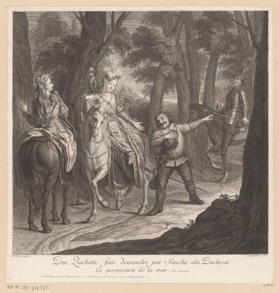 ドン・キホーテはサンチョに公爵夫人に会う許可を求めさせます Don Quichotte fait demander par Sancho ala Duchesse ca permission de la voir (オブジェクトのタイトル) ラ・マンチャのドン・キホーテの歴史（シリーズタイトル） 作： Louis Surugue