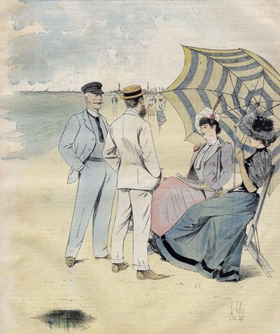 海水浴：浜辺にて。L.ヴァレの水彩画より。1892. 作： Louis Vallet