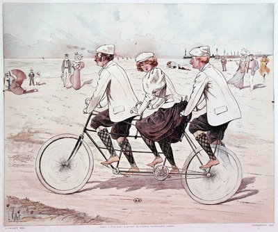 タンデム、3人でビーチをサイクリング - L. Valletによるドローイング 作： Louis Vallet