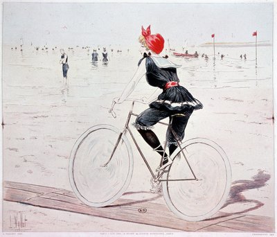 ビーチで自転車に乗る女性 - L. Valletによるドローイング 作： Louis Vallet