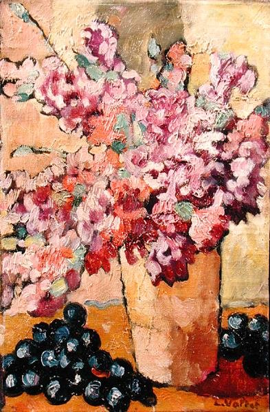 花と黒ブドウのある静物 作： Louis Valtat