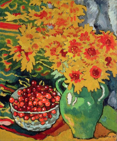 黄色い花とさくらんぼのボウル 作： Louis Valtat