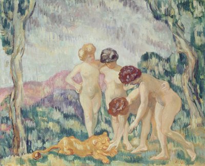 ライオンの子と遊ぶ若い女の子、1905-06年頃（キャンバスに油彩） 作： Louis Valtat