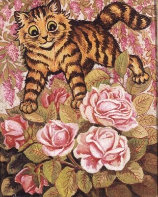 薔薇の茂みに隠れる子猫 作： Louis Wain