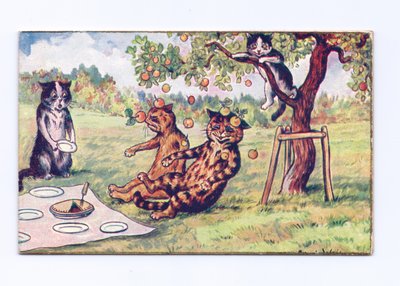 1880年頃のピクニックで2匹の猫に落ちるアップルのビクトリア朝のグリーティングカード 作： Louis Wain
