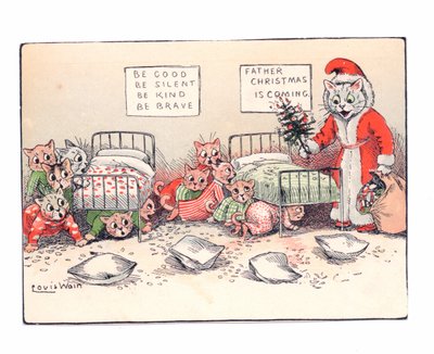 父のクリスマス、1880年頃の格好をした猫を見て恐怖に震える子猫のビクトリア朝のグリーティングカード 作： Louis Wain
