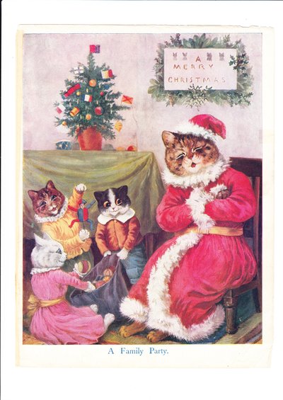 ルイ・ウェインが描いた猫のクリスマスパーティーのプリント。ファーザー・クリスマスに扮した擬人化された父猫の周りに、小さな猫とクリスマスツリーが配置されている。1890年頃（カラーリトグラフ 作： Louis Wain