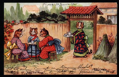 人間の姿勢にある動物たち。日本庭園でお茶を飲む着物姿の猫。ポストカードです。大きな目の猫を描いたことで知られるイギリスの画家、ルイス・ウェイン（1860-1939）のクロモリトグラフ。20世紀初頭コレクションpr 作： Louis Wain