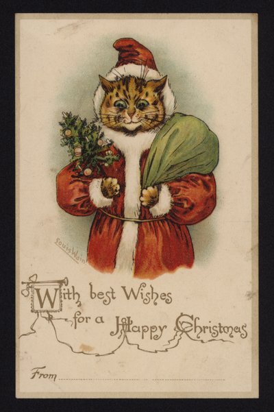 サンタクロースになった猫、クリスマス・グリーティング・カード（クロモリ写真 作： Louis Wain