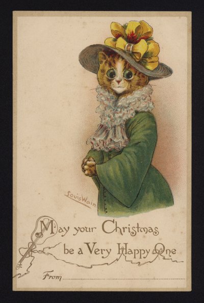 女性の帽子とコートを着た猫、クリスマス・グリーティング・カード（クロモリト 作： ルイス・ウェイン