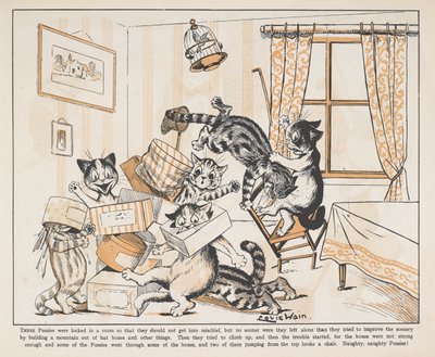 部屋の中で箱と戯れる猫たち。 作： Louis Wain