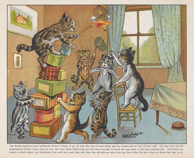 部屋の中で箱と戯れる猫たち。 作： Louis Wain