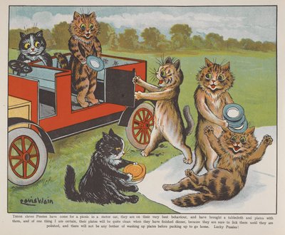 ピクニックの準備をする猫たち。 作： Louis Wain