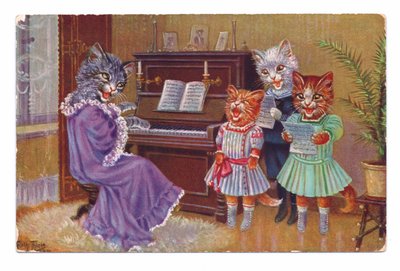 1910年頃、歌を歌うピアノの周りに人間の服を着た4匹の猫のエドワード朝様式のポストカード 作： Louis Wain