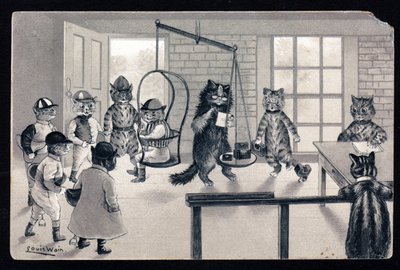 良い天気を楽しんでいます。人間の姿勢にある動物たち。体重計に乗せられているジョッキーのような猫。ポストカードです。大きな目の猫を描いたことで知られるイギリスの画家、ルイス・ウェイン（1860-1939）のクロモリトグラフ。20世紀初頭 作： Louis Wain