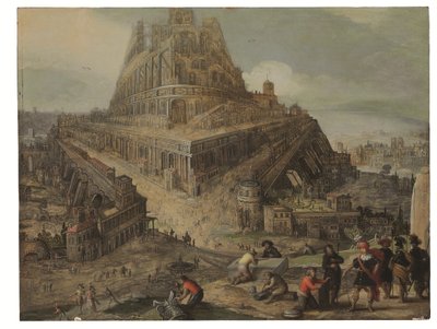 バベルの塔の建設を命じるニムロド王（油彩・パネル） 作： Louis de (circle of) Caullery