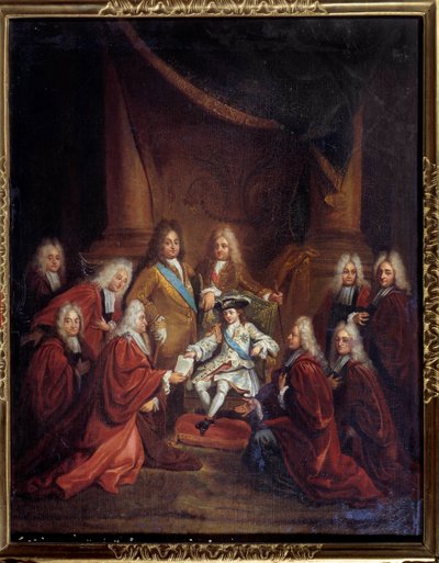 国王ルイ15世（1710年～1774年）の子が、1716年に市の機関に貴族の手紙を与えた 絵画：ルイ・ブーローニュ（1654年～1733年） 1716年 日。0,66x0,55 m パリ、カルナヴァレ美術館 作： Louis de Boullogne
