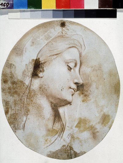 「Visage de Vierge」（聖母の頭） ルイ・ド・ブローニュ2世（1657-1733）によるサングイネの素描 プーシキン美術館、モスクワ 作： Louis de Boullogne