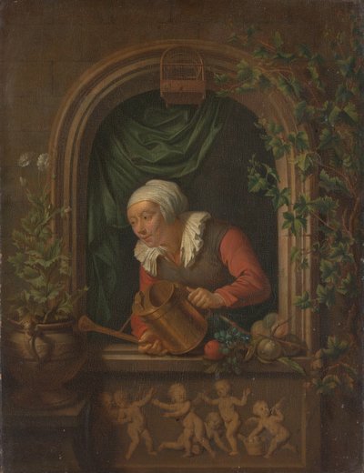 植物に水をやる女性 作： Louis de Moni