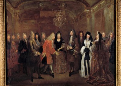 国王ルイ14世（1638-1715）は、1714年9月27日にフォンテーヌブロー城で、エリザベス・シャルロット・ドルレアンからザクセン公フレデリック・アウグストゥスを迎え入れた。ルイ・ド・シルヴェストル（1675-1760）による絵画 1715年 薄暗い。1,20 x 1,55 m 作： Louis de Silvestre