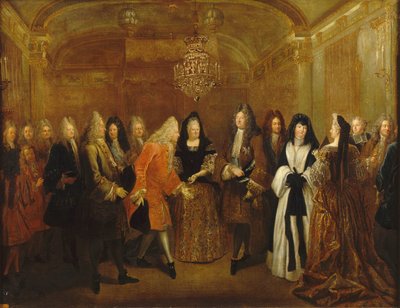 ルイ 14 世は、1714 年頃、将来のポーランド王でザクセン選帝侯となるアウグスト王子を迎えます。 作： Louis de Silvestre