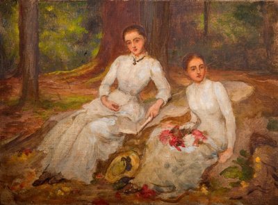 森の中で座っている白い服の女性2人、1900年 作： Louisa Starr