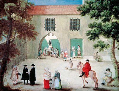 フランス、グワッシュ、ルイーズ・マグドレーヌ・オルテメル（1688-1767）作、ポール・ロワイヤル・デ・シャンプ修道院の前で貧しい人々を助ける 作： Louise Magdeleine Hortemels