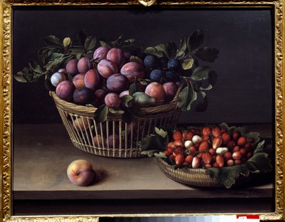 桃、イチゴ、果物の入ったバスケット ルイーズ・モイヨン（1610-1696）の絵画 17世紀 トゥールーズ、オーギュスタン美術館蔵 作： Louise Moillon