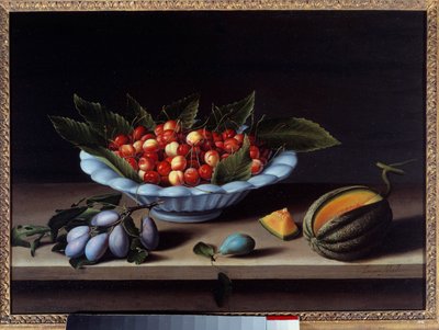 チェリー、プラム、メロンのカップ ルイーズ・モイヨン（1610-1696）の絵画 1633年 日0.48x0.65 m 作： Louise Moillon