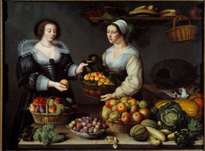 果物と野菜の商人 ルイーズ・モイヨン（1610-1696）による絵画 1630年 日1,20×1,65 m 作： Louise Moillon