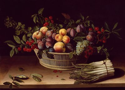 果物の入ったバスケットとアスパラガスの束を持つ静物画 1630年 作： Louise Moillon