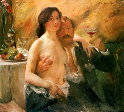 ヌードの女性とガラスのセルフポートレート 作： Lovis  Corinth