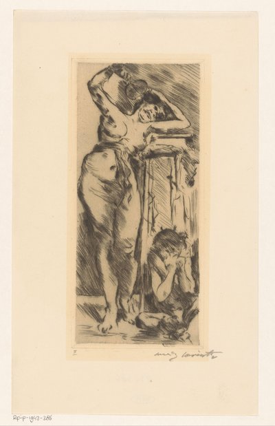手に扇子を持つ女性の裸体と彼女の右側には猫背の姿 作： Lovis Corinth (signed by artist)