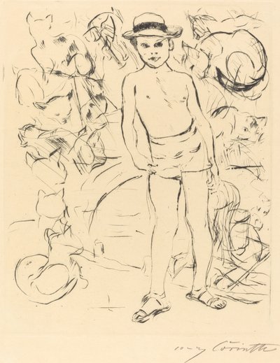 水遊びトランクスと麦わら帽子をかぶった少年 作： Lovis Corinth