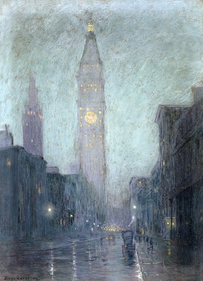 トワイライトのマディソンアベニュー（茶色の紙にパステル） 作： Lowell Birge Harrison