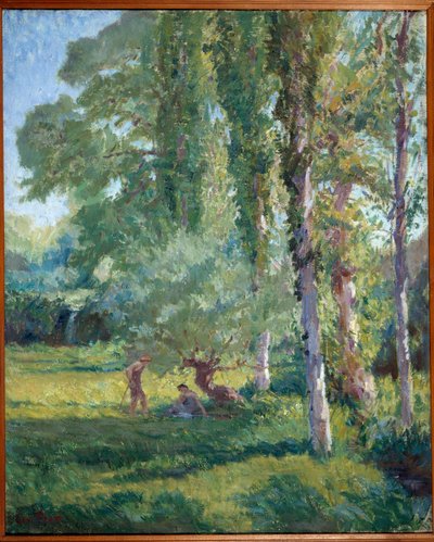 ポプラ並木の下の芝生の上のカップル ロイス・プラット（1879-1934）の絵画、20世紀。キャンバスに油彩。ドンゼール、市庁舎 作： Loys Prat