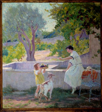子ヤギのいる庭にいるプラット夫人とその娘 ジョセフ・ロイス・プラット（1879-1934）の絵画 20世紀ドンゼレの市長。 作： Loys Prat