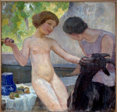 ヤギと遊ぶ裸の少女 ジョセフ・ロイス・プラット（1879-1934）の絵画、20世紀。キャンバスに油彩。ドンゼール、市庁舎。 作： Loys Prat